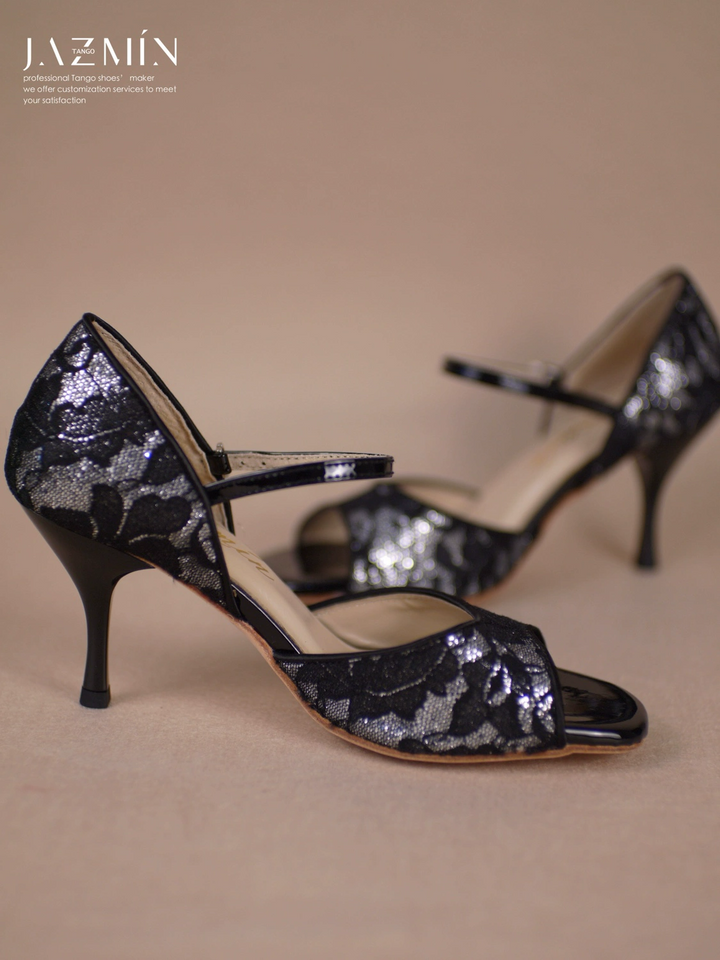 Whispers of Noir – Handmade Black Lambskin Lace Tango Heels