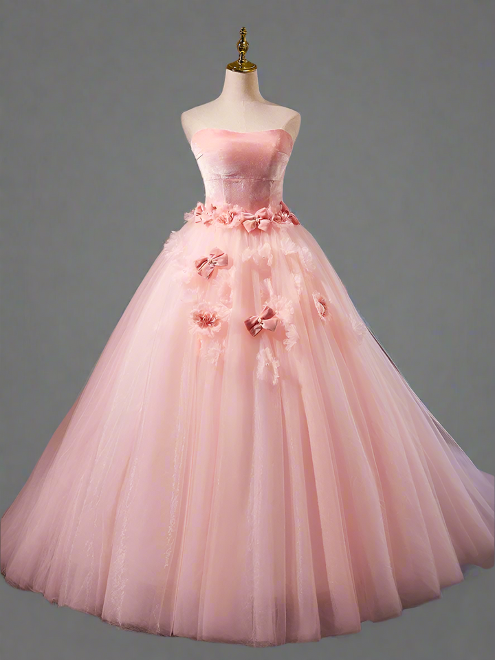 Pink Ball Gown with Floral Accessories - Corset Back Wedding Dress - Pink Flower Prom Dress with Tulle Plus Size