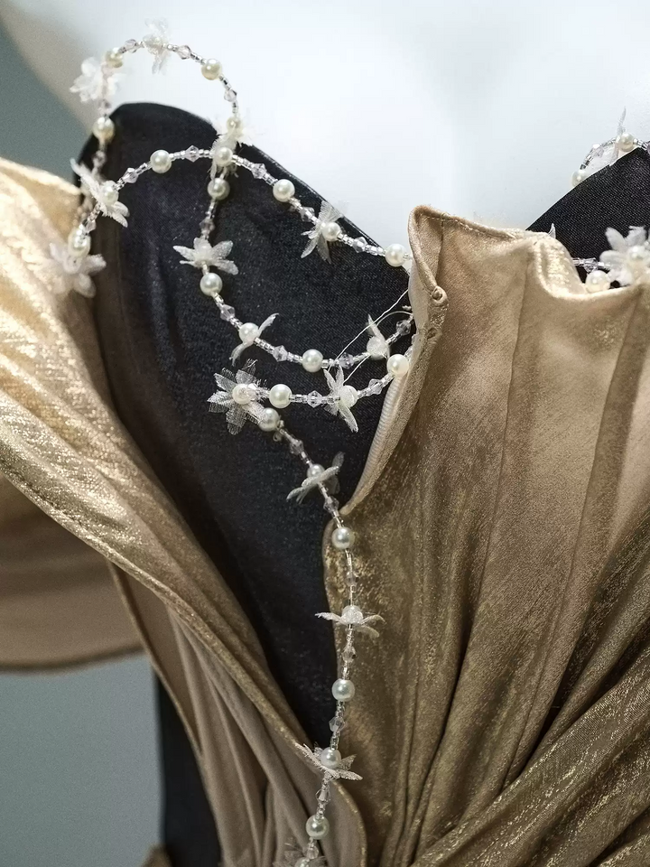 Black and Gold Evening Dress – Off the Shoulder Evening Gown with Draped Satin and Corset Back Plus Size