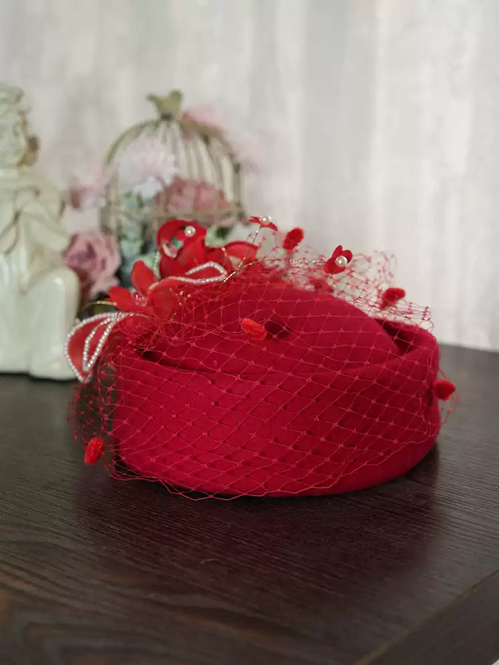 Vintage Inspired Black Pillbox Hat with Beaded Flower and Veil