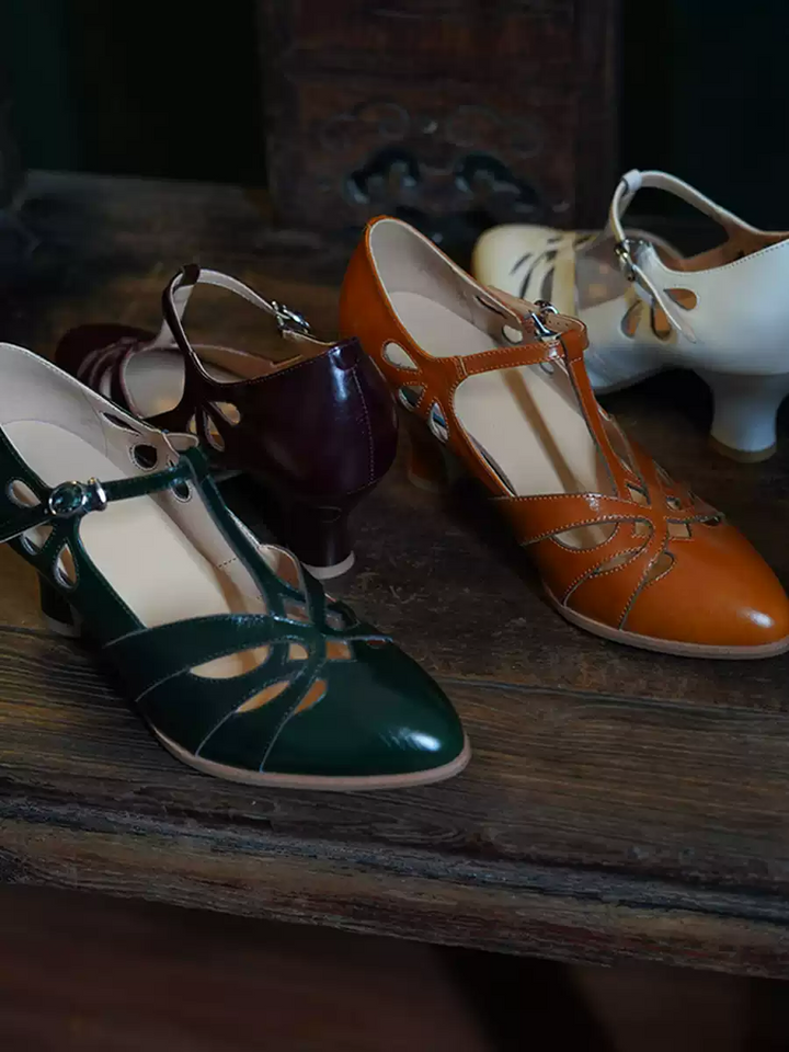 "Dancing Lights" – Handmade White Vintage Leather T-Strap Heels