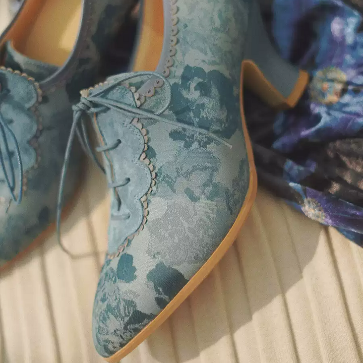 "Moonlit Sonata" – Handmade Watercolor Lace-Up Heeled Oxfords