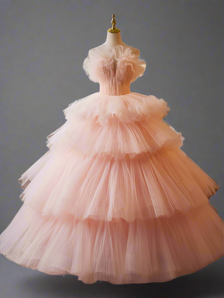 Pink Tiered Ball Gown - Corset Tulle Dress with Layered Ruffle Skirt – Layered Tulle Ruffle Dress Plus Size