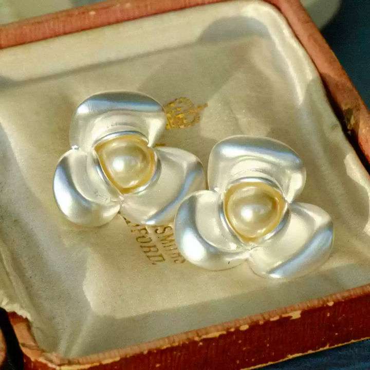 Dew on Petals – Handmade Vintage Pearl Camellia Earrings – Camellia Buds