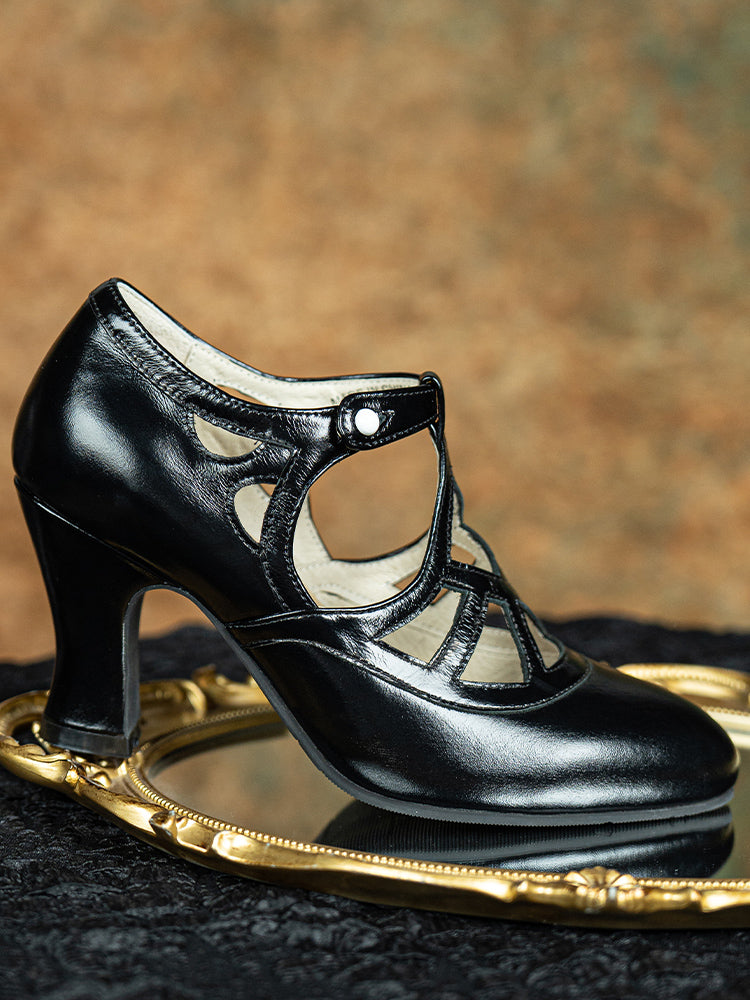 Handmade Vintage Black Cut-Out Mary Jane Cowhide Leather Heels