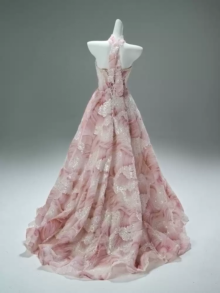 Pink Evening Dress Ball Gown with Glitter Floral Embroidery – Strapless Evening Gown with Sheer Neck Wrap Plus Size