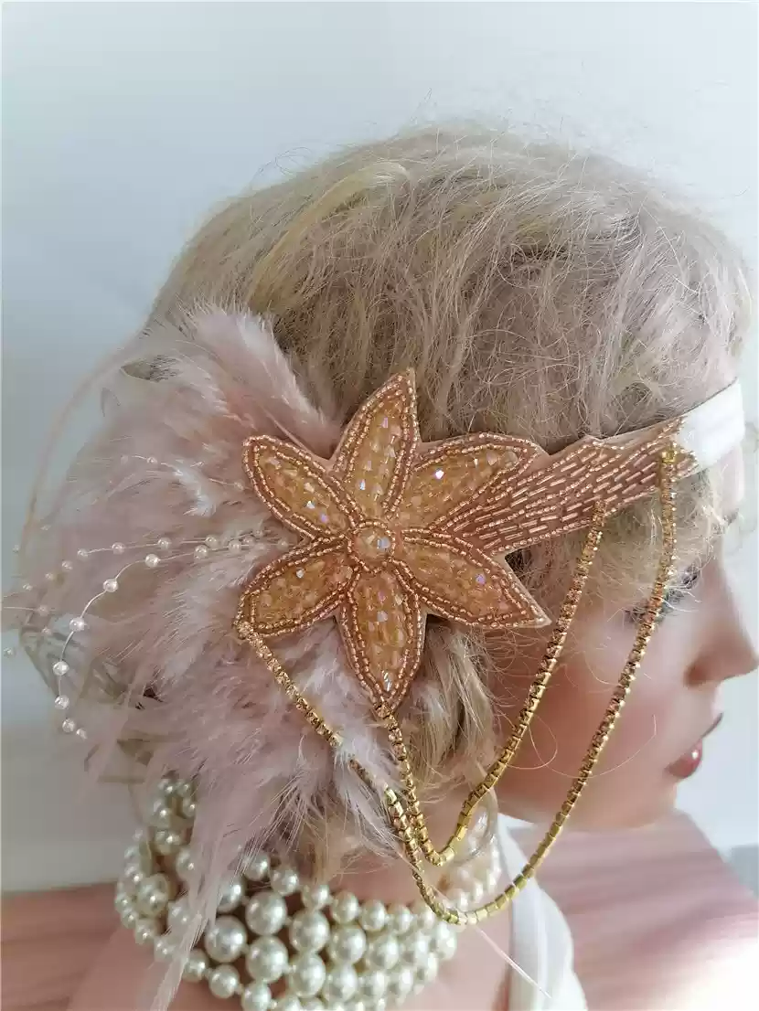 Vintage-Inspired Flapper Headband with Pearl and Feather Accents