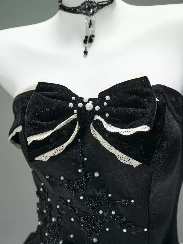 Black Gothic Ball Gown with Velvet Bows – Strapless Layered Tulle Ruffle Dress Plus Size