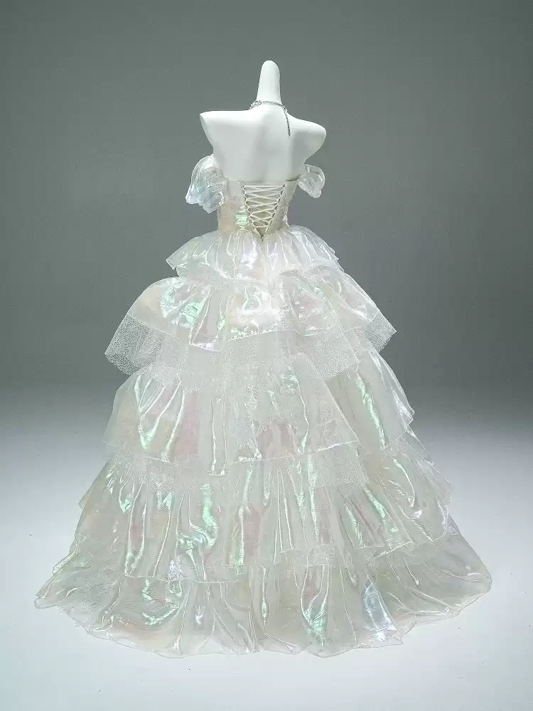 Layered Tulle Ruffle Dress with Off Shoulder Sleeves – White Ball Gown with Corset Back Plus Size