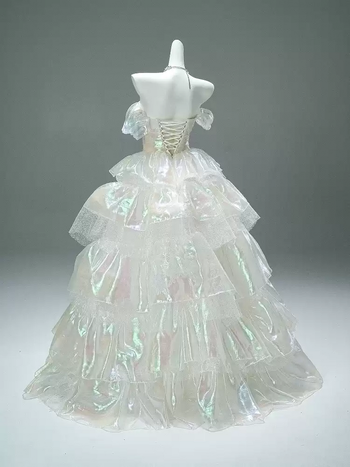 Layered Tulle Ruffle Dress with Off Shoulder Sleeves – White Ball Gown with Corset Back Plus Size