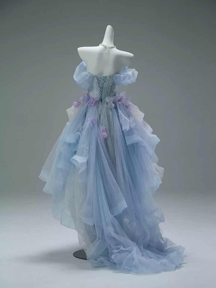 Blue and Purple High Low Dress with Floral Appliqué and Tulle – Strapless Evening Dress with Corset Back Plus Size