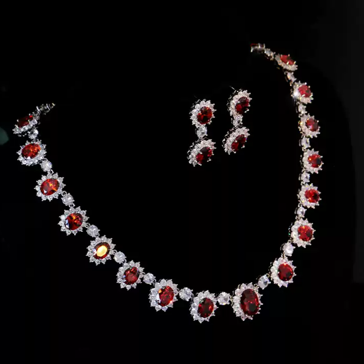 Scarlet Empress – Red Crystal Halo Necklace & Earrings Set