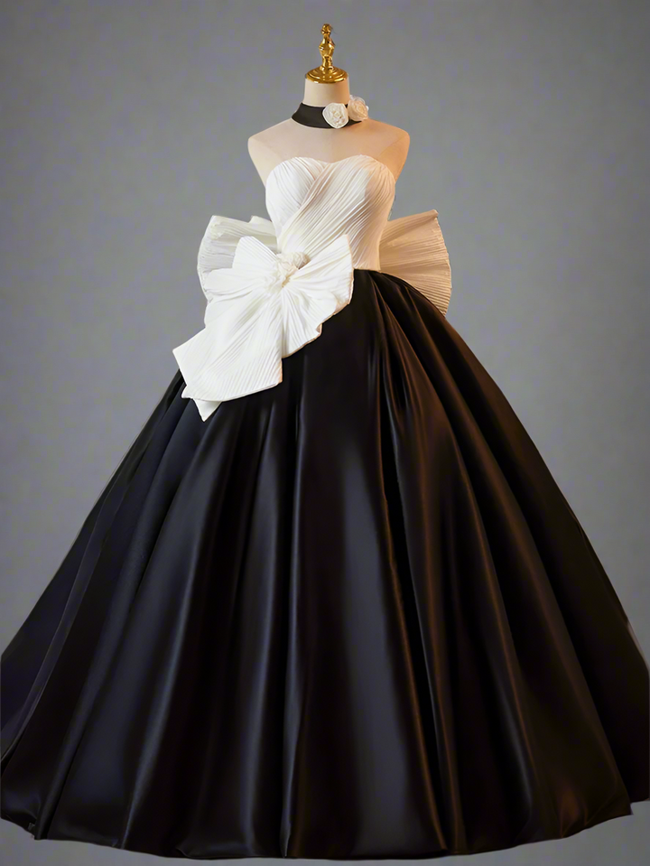 Gothic Black and White Ball Gown with Oversized Bow - Strapless Ball Gown - Elegant Formal Evening Dress Plus Size