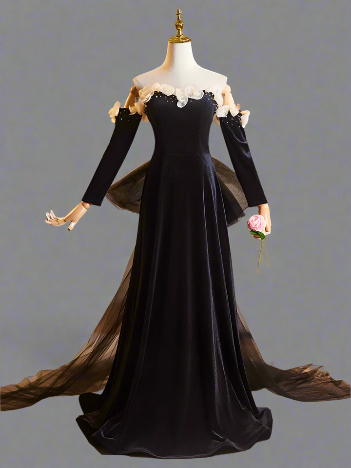 Gothic Black Long Sleeve Evening Dress with Corset Back - Off-the-Shoulder Evening Gown with Flower Accessories and Bow Plus Size