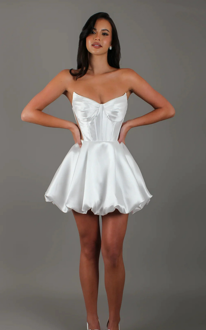 Short Wedding Party Dress with Corset Bodice and Bubble Hem – Strapless Wedding Dress - Satin Wedding Dress Plus Size