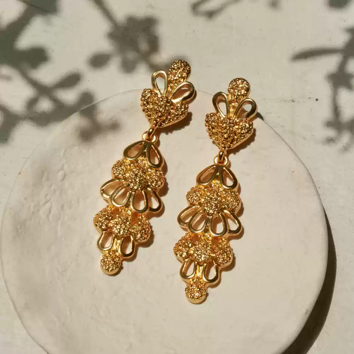 Golden Reverie – Handmade Vintage Filigree Long Drop Earrings – Pinecone