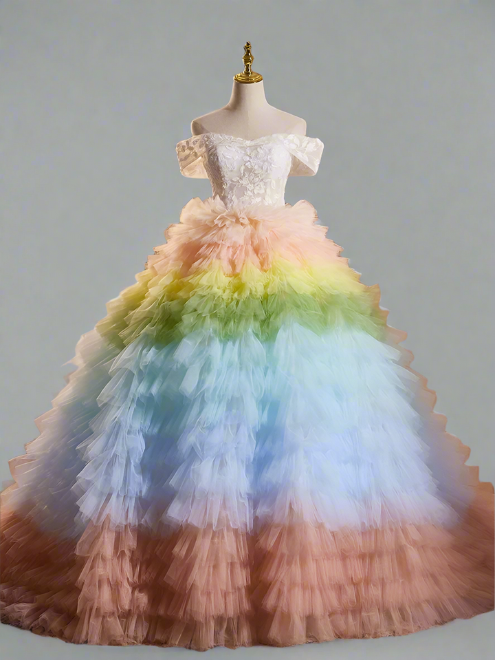 Pink and Blue Tiered Tulle Ball Gown - Off the Shoulder Ball Gown - Corset Tulle Dress with Layered Ruffle Skirt Plus Size