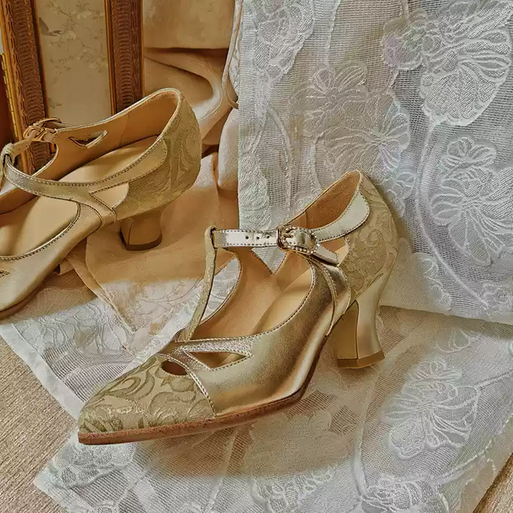 "Golden Reverie" – Handmade Vintage T-Strap Leather Heels