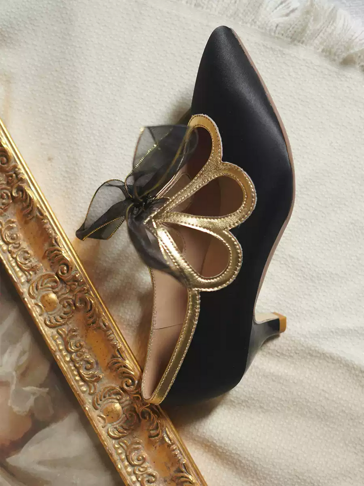 "Golden Twilight" – Handmade Satin Bowknot High Heels