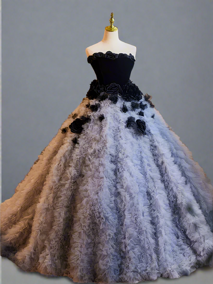 Gothic Black and Grey Ball Gown with Corset Back - Tiered Tulle Dress with Floral Accessories - Layered Tulle Ruffle Dress Plus Size