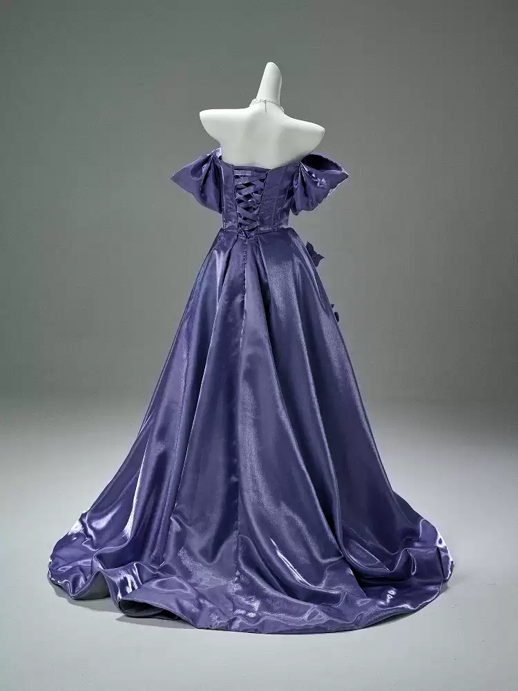 Purple Off the Shoulder Evening Dress with Floral Appliqué – Satin Evening Gown with Lace-Up Back Plus Size