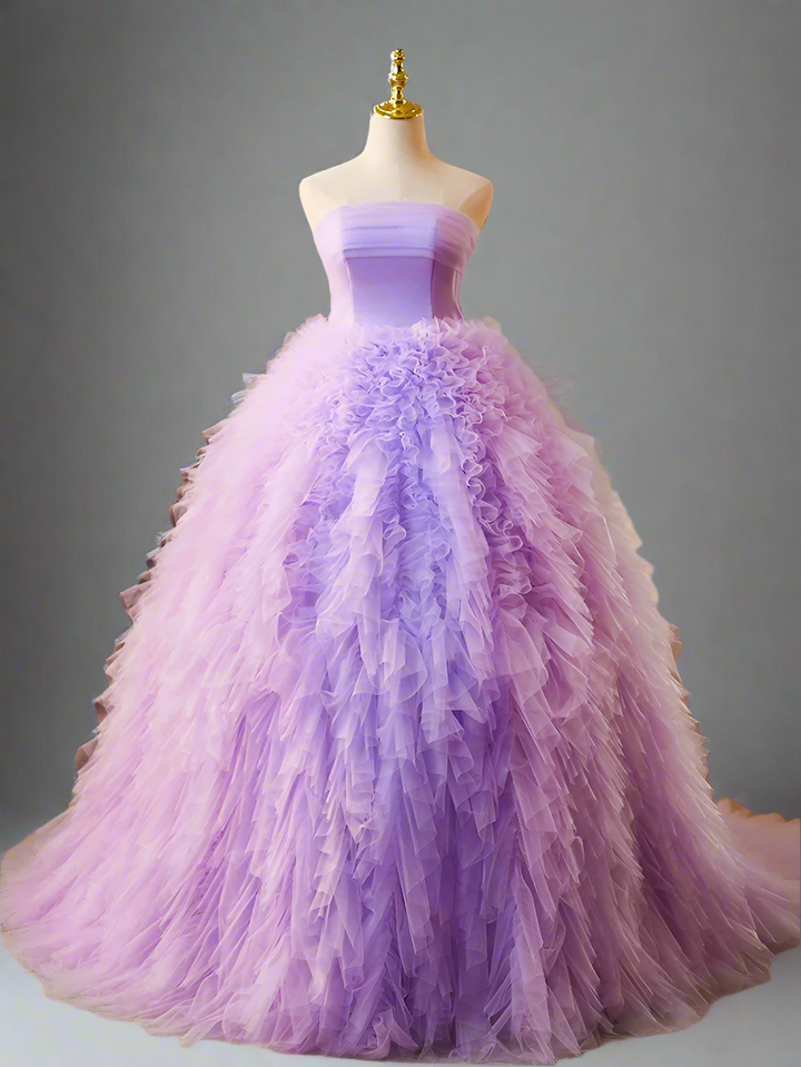 Purple Ball Gown with Layered Tulle Skirt - Corset Tulle Dress with Strapless - Layered Tulle Ruffle Dress Plus Size