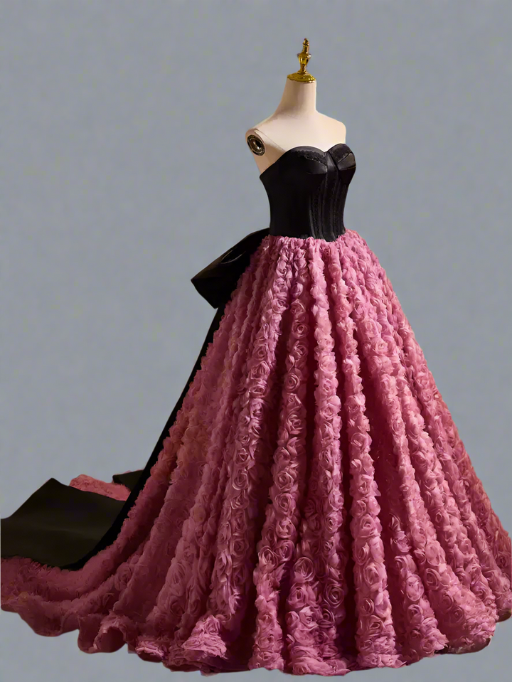 Gothic Black and Pink Ball Gown with Sweetheart Neckline - 3D Rose Dress with Strapless -  Pink and Black Floral Ball Gown with Oversized Bow Plus Size