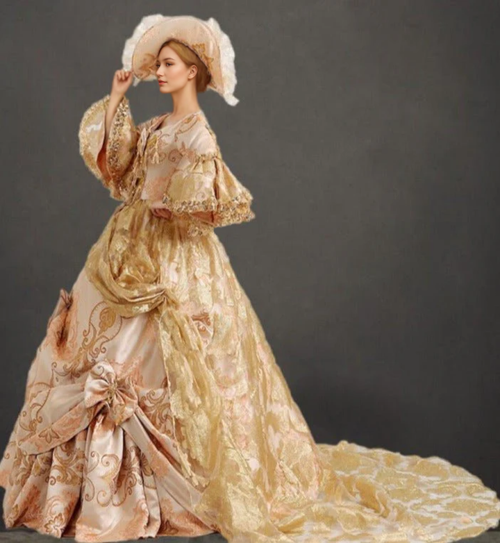 Queen Charlotte Gown European Baroque and Rococo Style Golden Dress with Lace Embroidery - Bridgerton Inspired Plus Size