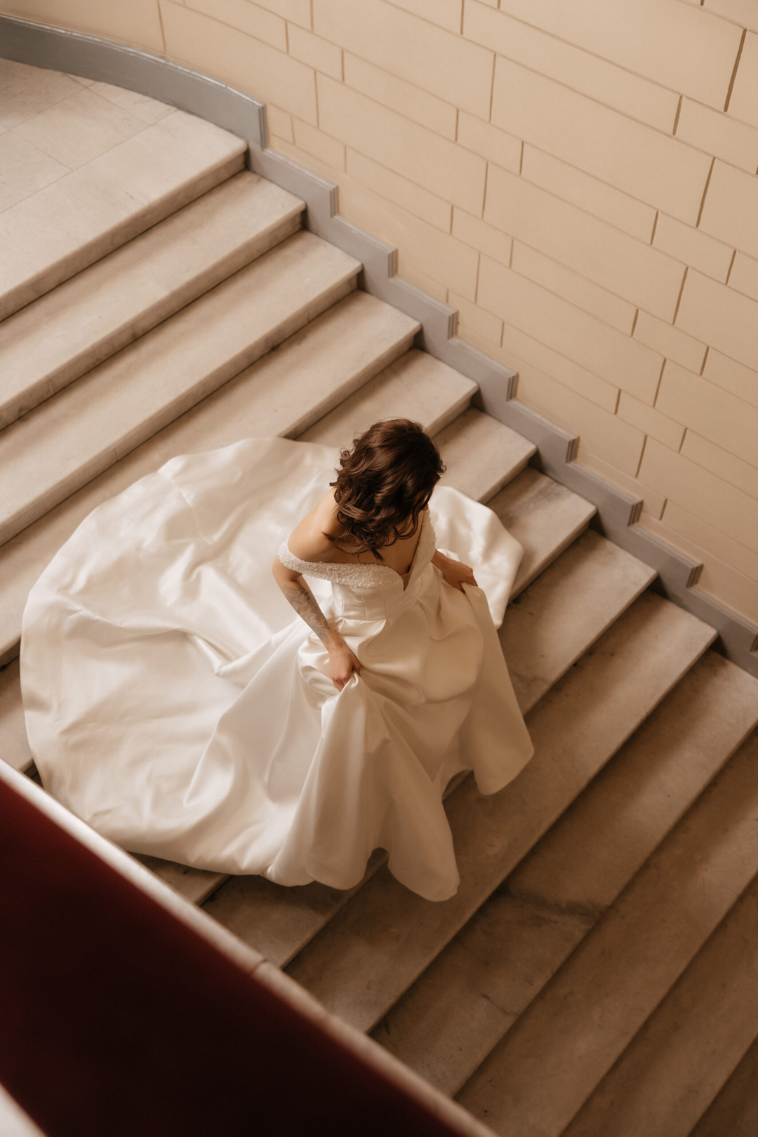 Ivory A-Line Wedding Dress with Long Train –  Off the Shoulder Wedding Gown with Pearl and Deep Neckline Plus Size – DANIELLE