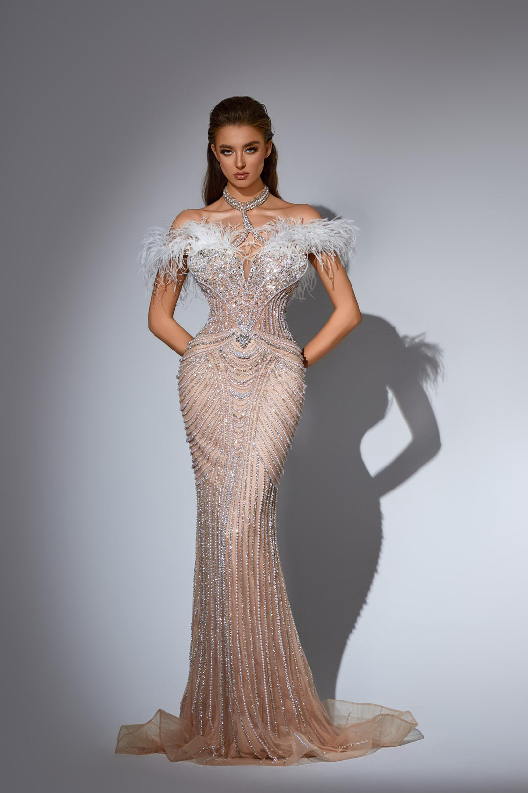 Purple Sequin Dress with Feather Shoulders and Pearl Embellished Bodice – Sequin and Feather Dress Plus Size