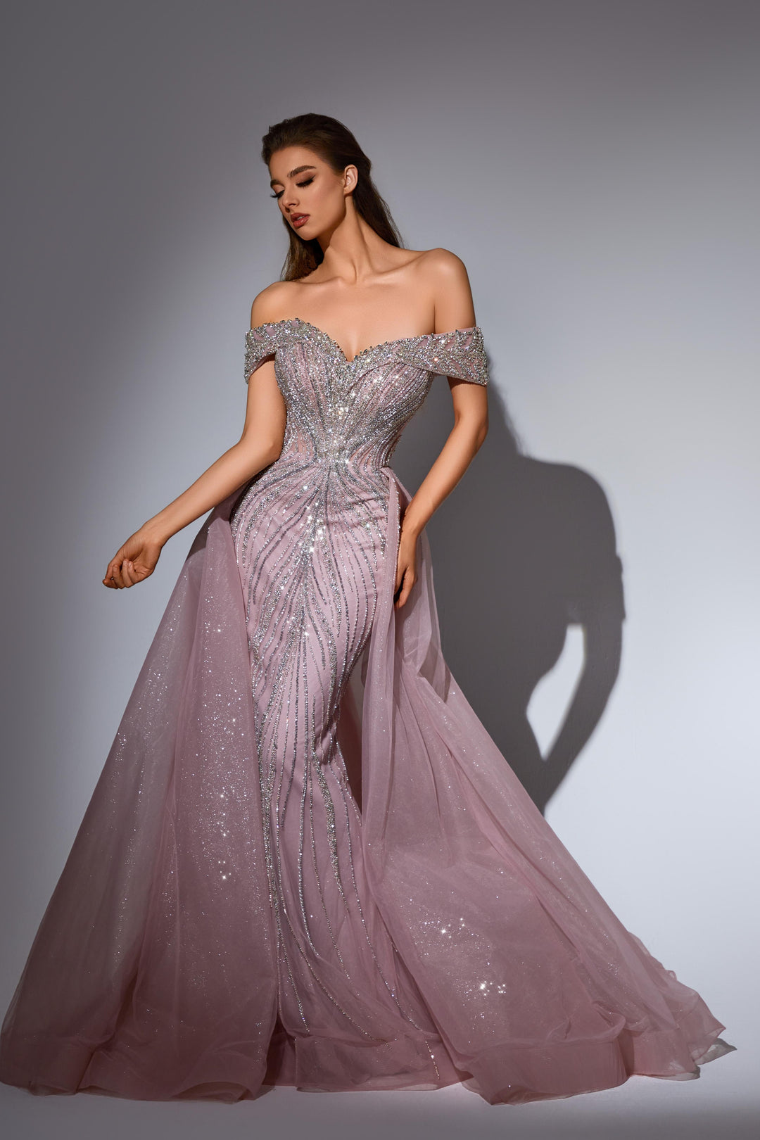 Champagne Sequin Dress with Off Shoulder Bodice and Overskirt – Sequin Ball Gown Plus Size