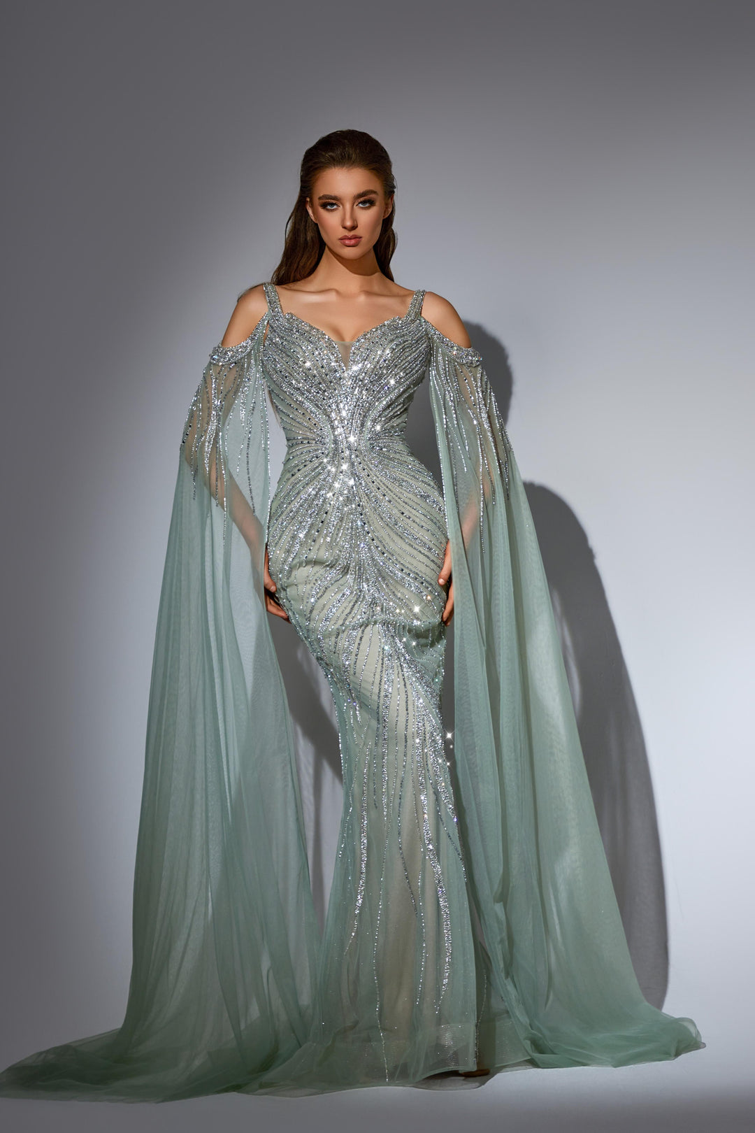 White Embellished Gown with Beaded Bodice and Cape – Glitter Maxi Dress Plus Size