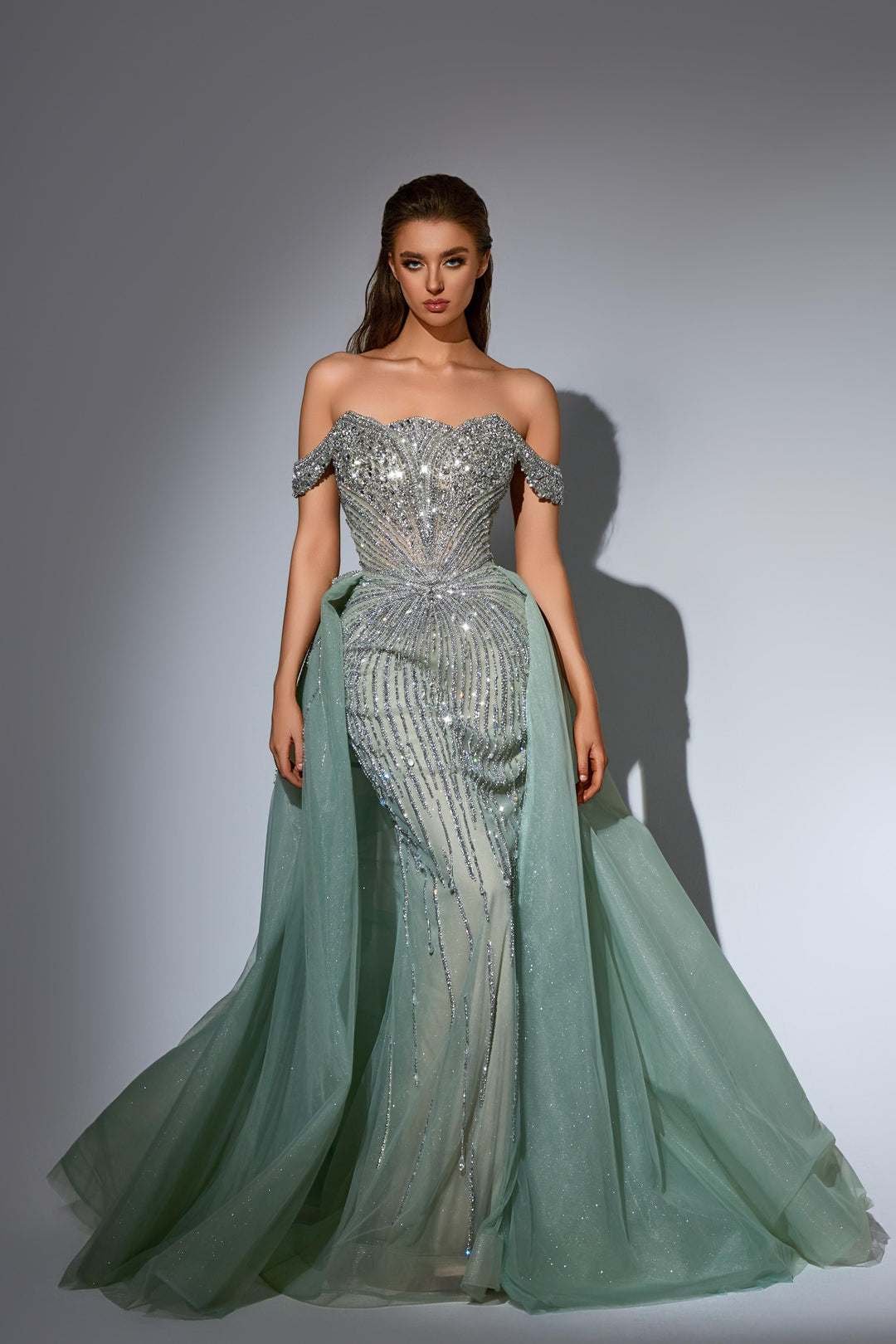 Champagne Glitter Sequin Dress with Off Shoulder Bodice – Embellished Gown with Tulle Overskirt Plus Size