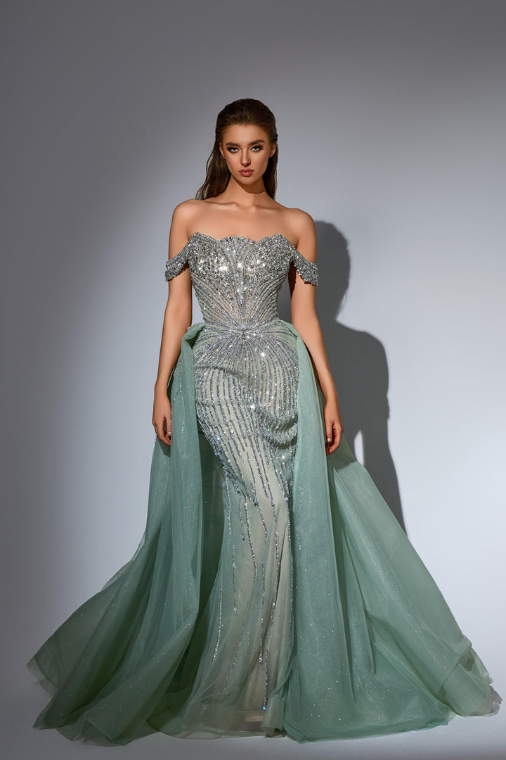 Champagne Glitter Sequin Dress with Off Shoulder Bodice – Embellished Gown with Tulle Overskirt Plus Size