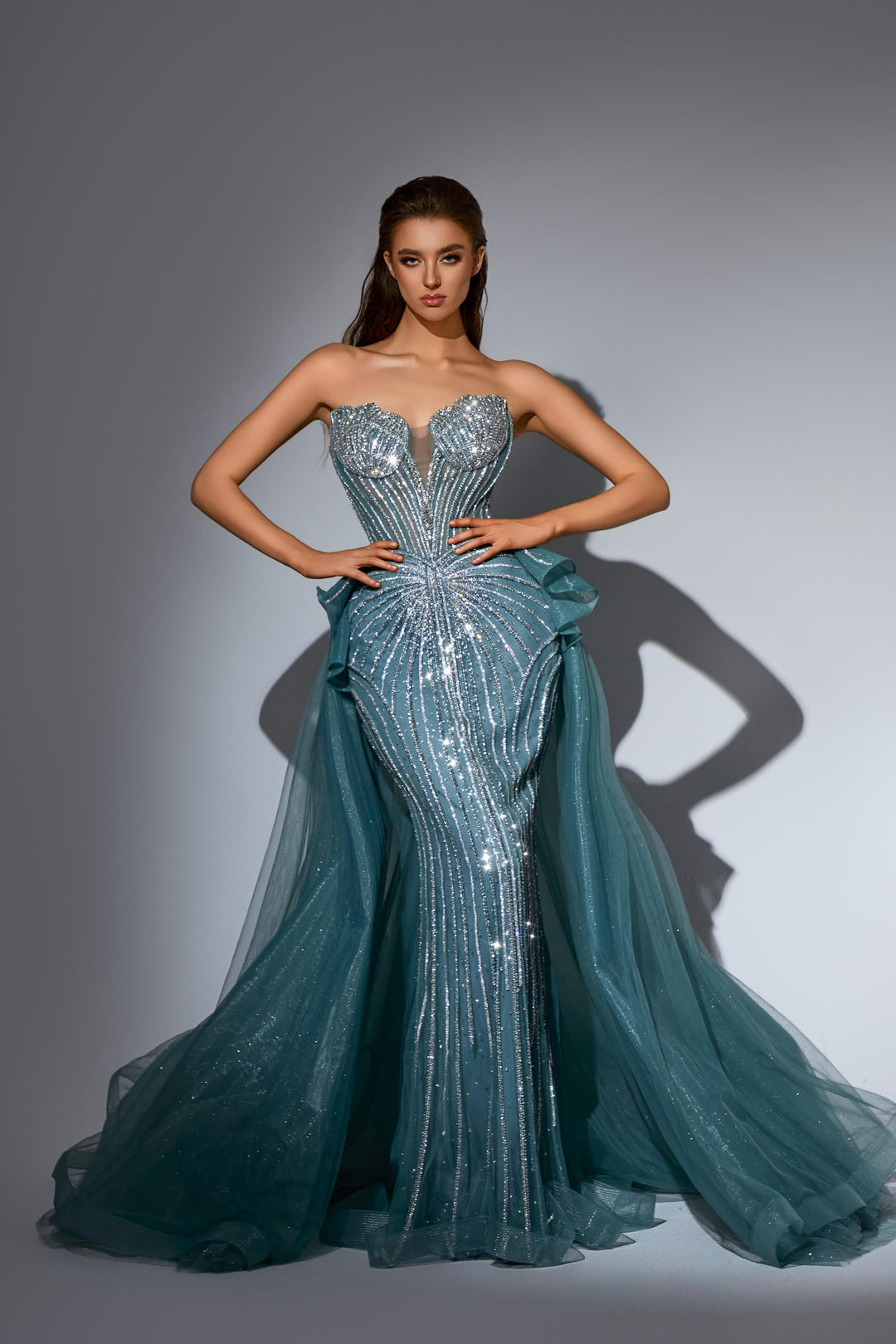 Champagne Sequin Dress with Corset Bodice – Strapless Glitter Dress with Overskirt and Tulle Plus Size