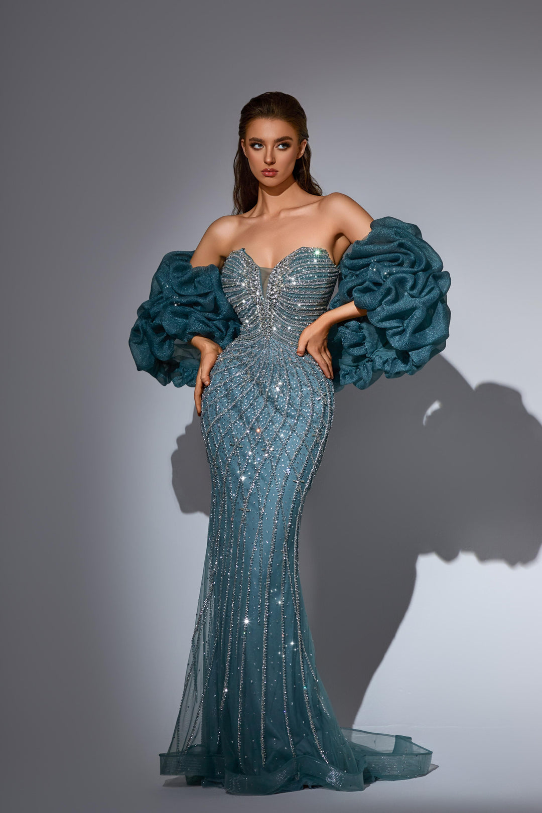Grey Sequin Dress with Strapless Bodice and Ruffled Sleeves – Glitter Maxi Dress with V-Neck Plus Size