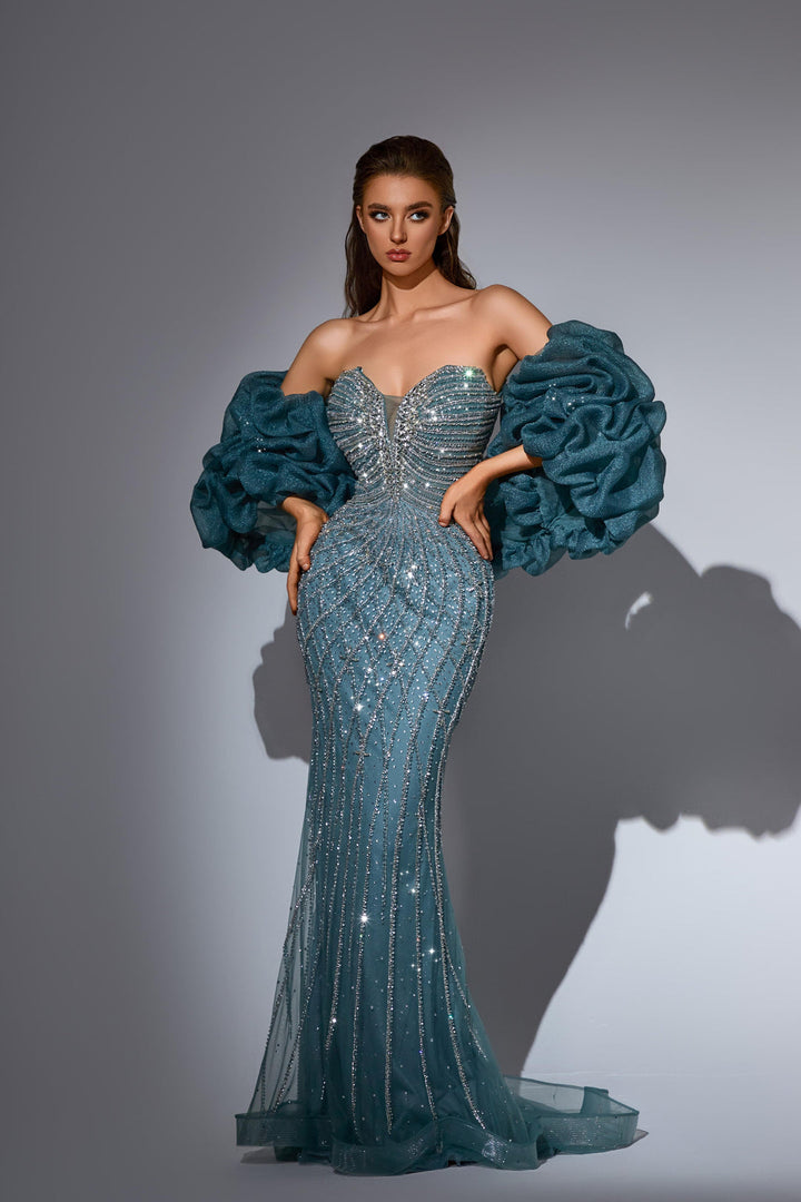 Grey Sequin Dress with Strapless Bodice and Ruffled Sleeves – Glitter Maxi Dress with V-Neck Plus Size