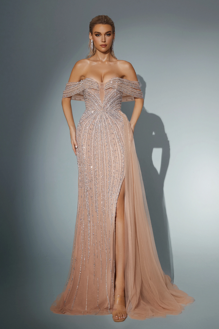 Champagne Dress for Wedding Guest with Draped Sleeves - Pretty Sequin Dress - Designer Sequin Gown with Side Slit Plus Size