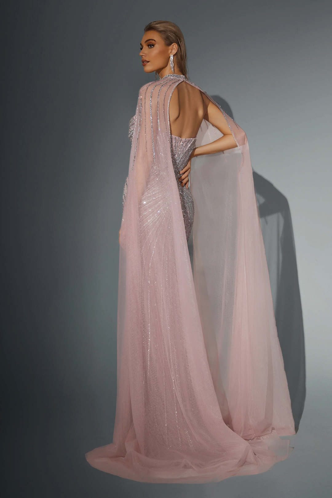 Blush Pink Sequin Evening Gown with Cape Sleeves - Sparkly Maxi Dress with High Neckline - Pretty Sequin Dress Plus Size