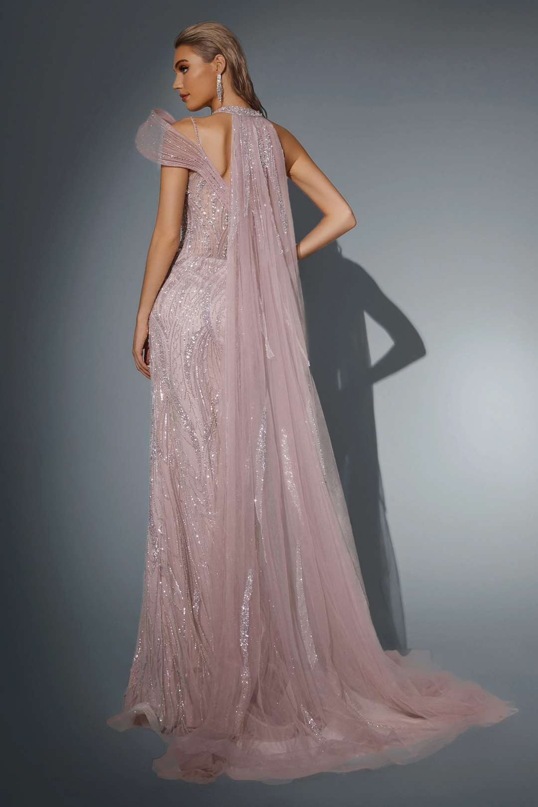 Blush Pink Sequin Evening Gown with Halter Neckline - Sparkly Maxi Dress with Flowing Cape and Thigh-High Slit - Designer Gown Plus Size