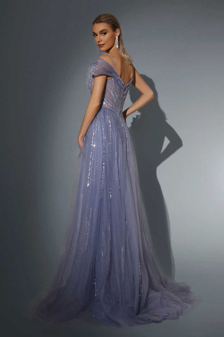 Blue Sequin Evening Gown with Illusion Neckline - Sparkly Maxi Dress with Flowing Train - Designer Sequin Gown Plus Size