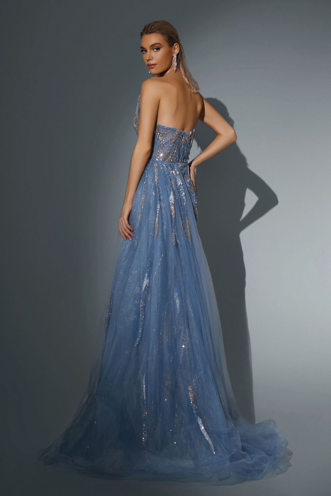 Blue Sequin Evening Gown with Strapless Design - Pretty Sequin Dress with Thigh-High Slit - Sparkly Maxi Dress Plus Size