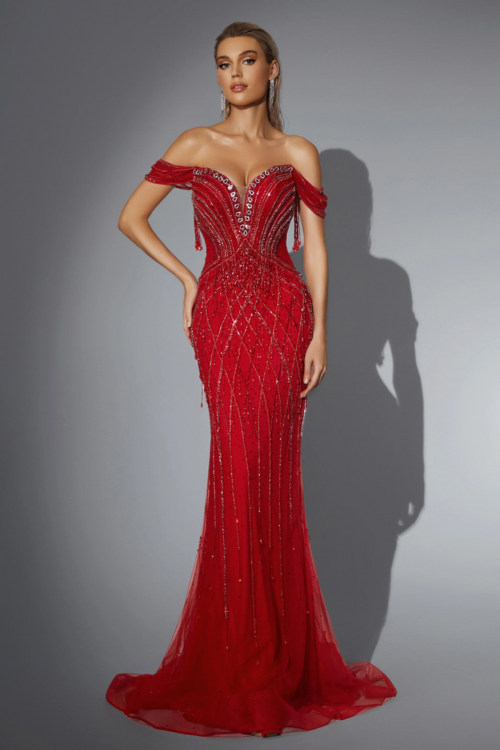 Gothic Red Sequin Evening Gown with Off the Shoulder Sleeves - Designer Sequin Gown - Glitter Maxi Dress Plus Size