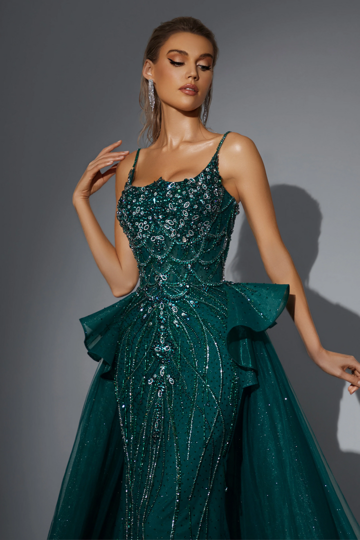 Gothic Emerald Green Sequin Ball Gown with Layered Tulle Skirt - Pretty Sequin Dress - Designer Sequin Gown Plus Size