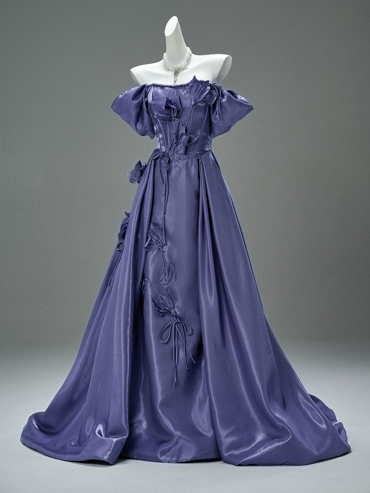 Purple Off the Shoulder Evening Dress with Floral Appliqué – Satin Evening Gown with Lace-Up Back Plus Size