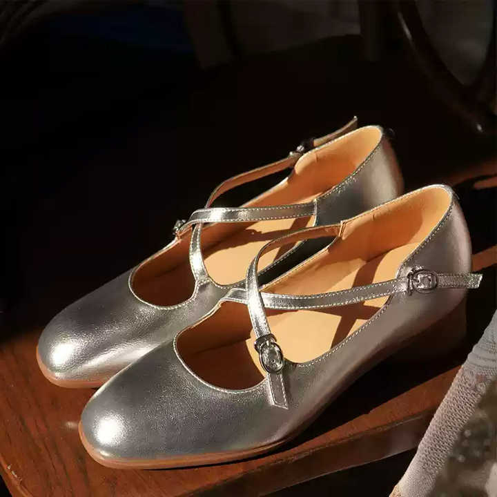 "Moonlit Waltz" – Handmade Vintage Silver Leather Mary Jane Flats