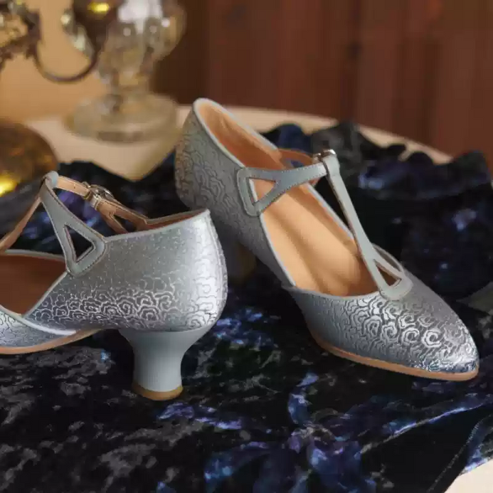 "Silver Petal Waltz" – Handmade Embroidered Satin T-Strap Heels