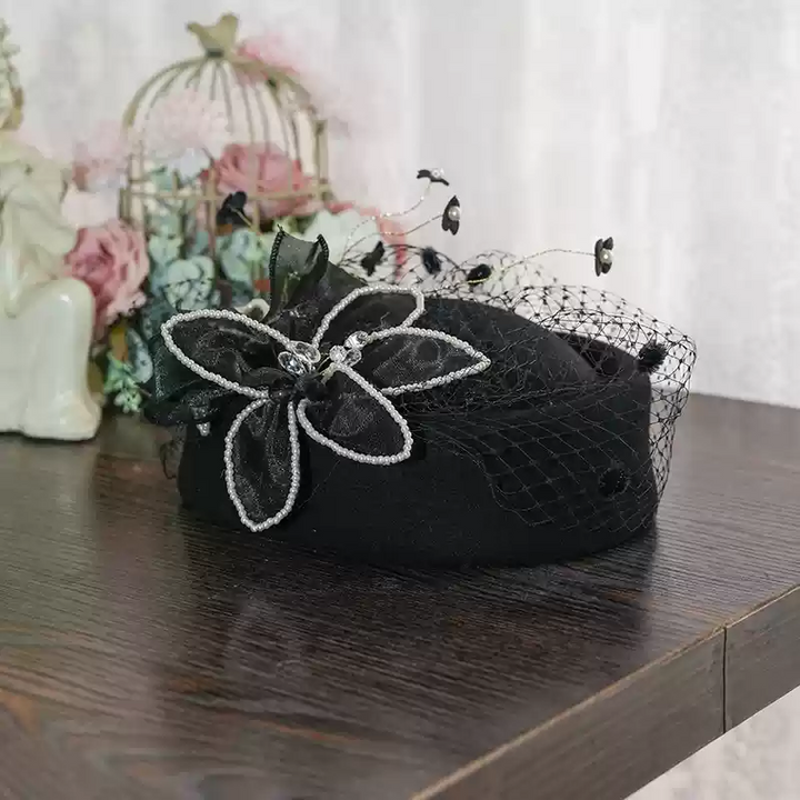 Vintage Inspired Black Pillbox Hat with Beaded Flower and Veil