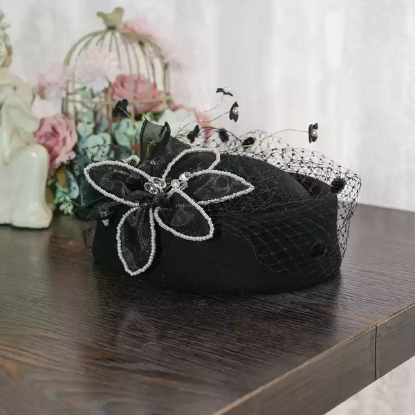 Black‎ Sparkle Net Veil Pillbox Hat Eva Mae Mode Women\'s Flower Accent Black Pillbox Hat 20s 50s Vintage Fascinators for Women with  main image 2