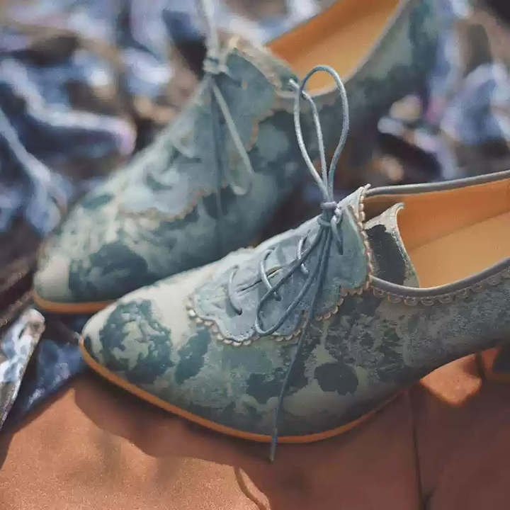 "Moonlit Sonata" – Handmade Watercolor Lace-Up Heeled Oxfords